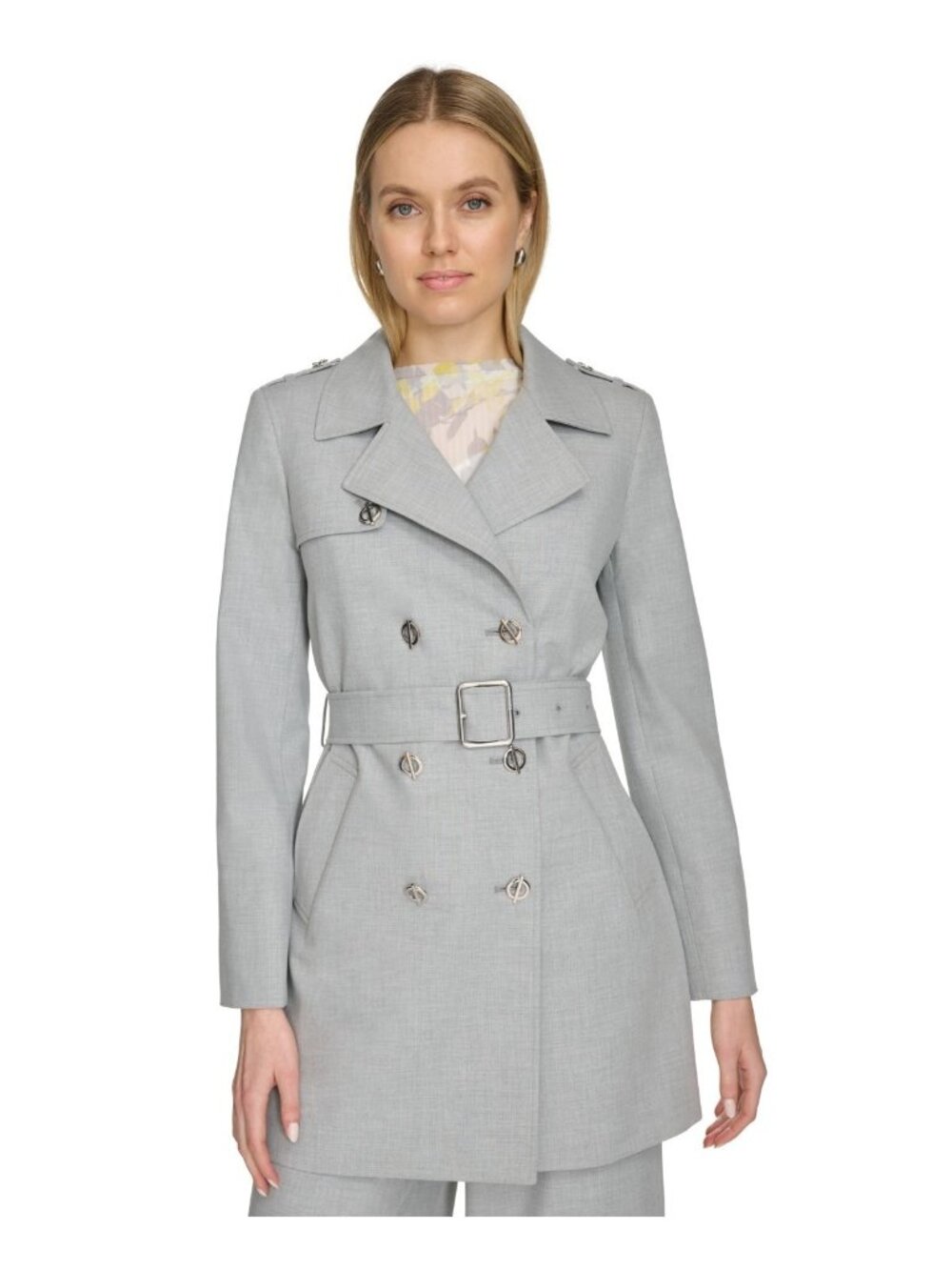 Calvin Klein Petite Size 6P Belted Long-Sleeve Trench Coat Jacket Gray $179